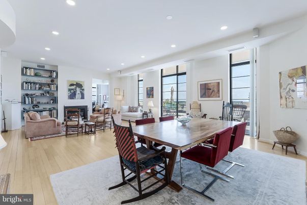 Dining room, Fireplace, Interior, Living room, Recessed Lighting, Wood Texture Flooring