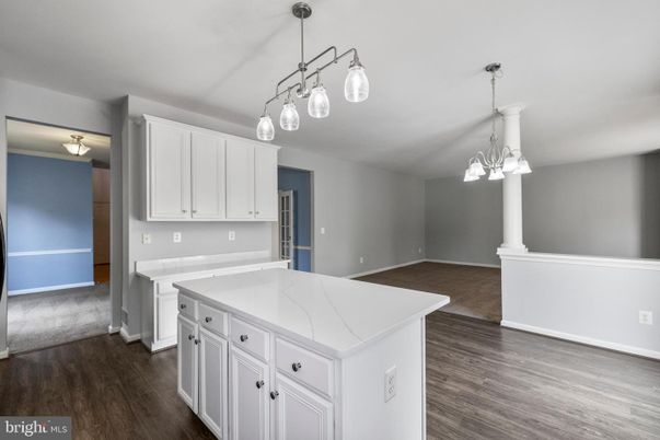 Chandelier, Empty room, Interior, Kitchen, Pendant Lights, Wood Texture Flooring