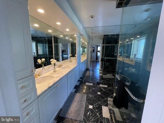 Bathroom, Dual Sink Vanities, Glass Shower, Interior, Marble, Recessed Lighting