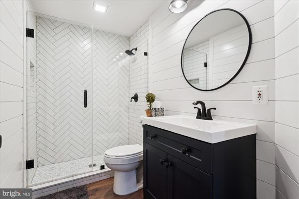 Bathroom, Glass Shower, Interior, Recessed Lighting, Wood Texture Flooring