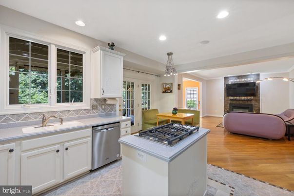 Fireplace, Interior, Kitchen, Pendant Lights, Recessed Lighting, Stainless Steel Appliances