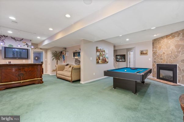 Billiard Table, Fireplace, Game Room, Interior, Recessed Lighting, Stone Walls