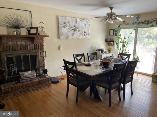 Dining room, Fireplace, Interior, Wood Texture Flooring