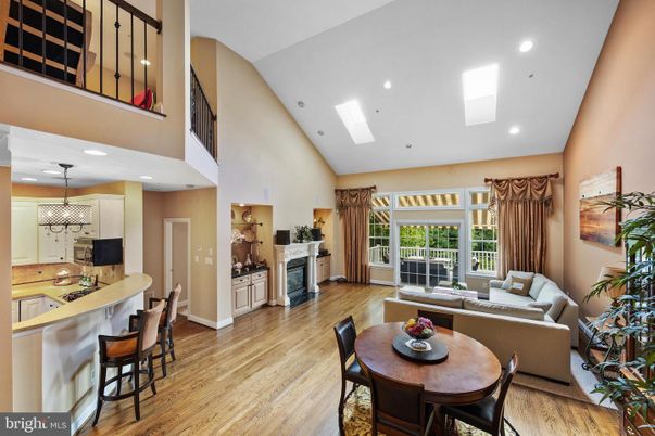 Dining room, Fireplace, Interior, Kitchen, Living room, Pendant Lights, Recessed Lighting, Wood Texture Flooring