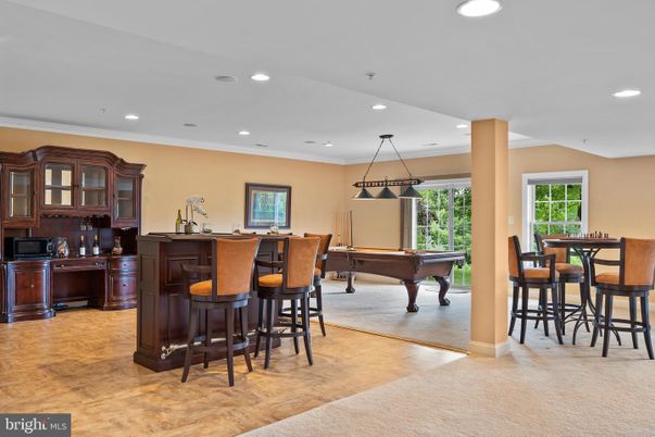 Billiard Table, Game Room, Interior, Pendant Lights, Recessed Lighting, Wood Texture Flooring