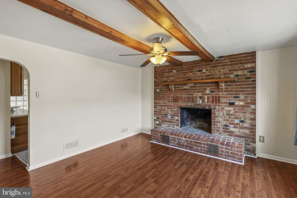 Empty room, Fireplace, Interior, Stone Walls, Wood Texture Flooring
