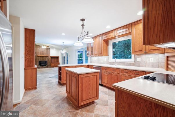 Fireplace, Interior, Kitchen, Pendant Lights, Recessed Lighting, Stainless Steel Appliances