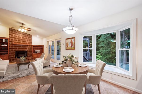 Dining room, Fireplace, Interior, Living room, Pendant Lights, Recessed Lighting, Stone Walls