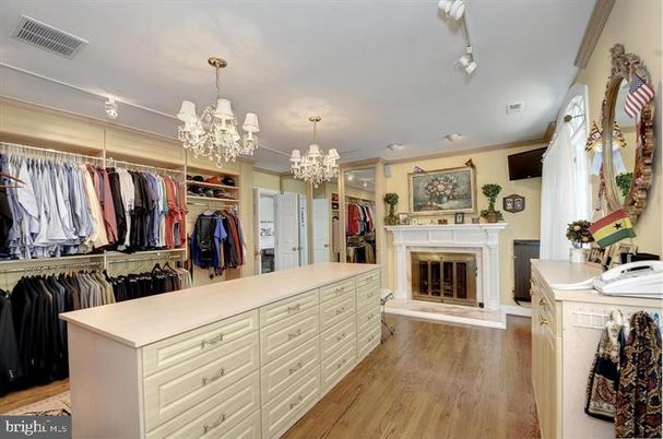 Chandelier, Fireplace, Interior, Walk-in Closets, Wood Texture Flooring
