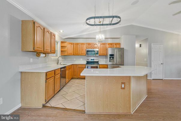 Interior, Kitchen, Pendant Lights, Recessed Lighting, Stainless Steel Appliances, Wood Texture Flooring
