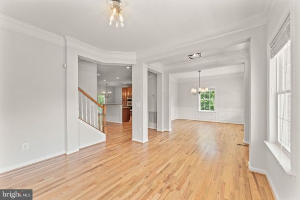 Chandelier, Empty room, Interior, Kitchen, Pendant Lights, Recessed Lighting, Wood Texture Flooring
