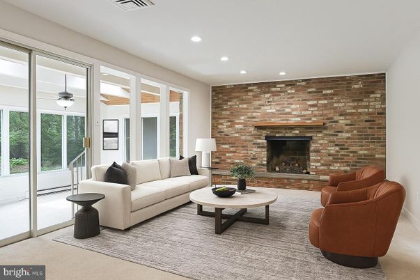 Fireplace, Interior, Living room, Recessed Lighting, Stone Walls