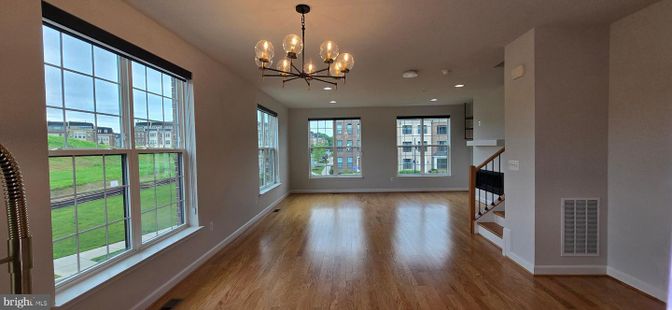 Chandelier, Empty room, Interior, Pendant Lights, Recessed Lighting, Wood Texture Flooring