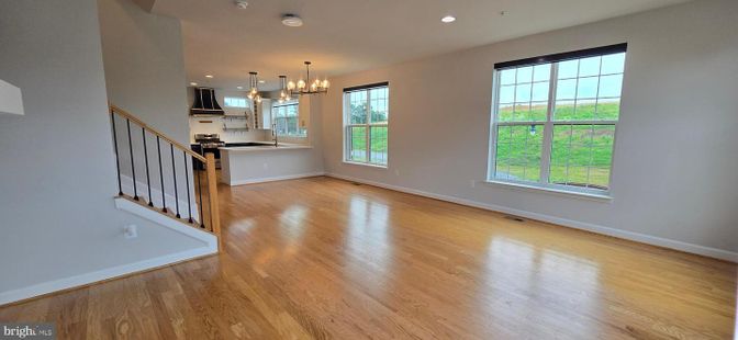 Chandelier, Empty room, Interior, Kitchen, Pendant Lights, Recessed Lighting, Wood Texture Flooring