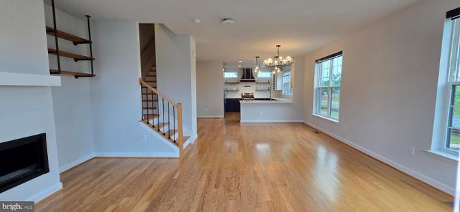 Chandelier, Empty room, Interior, Kitchen, Pendant Lights, Recessed Lighting, Wood Texture Flooring