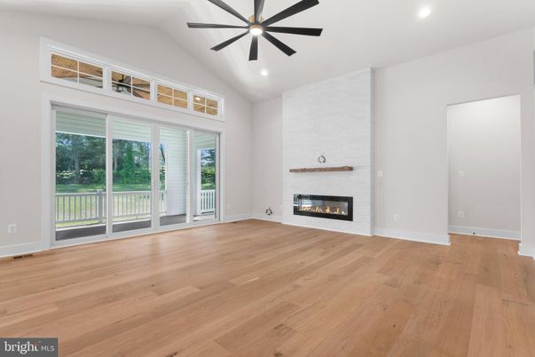 Empty room, Fireplace, Interior, Recessed Lighting, Wood Texture Flooring