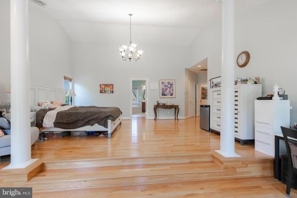 Bedroom, Chandelier, Interior, Recessed Lighting, Wood Texture Flooring