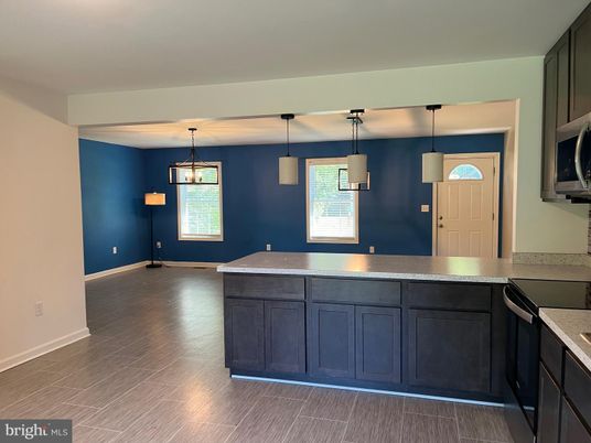 Empty room, Interior, Kitchen, Pendant Lights, Wood Texture Flooring