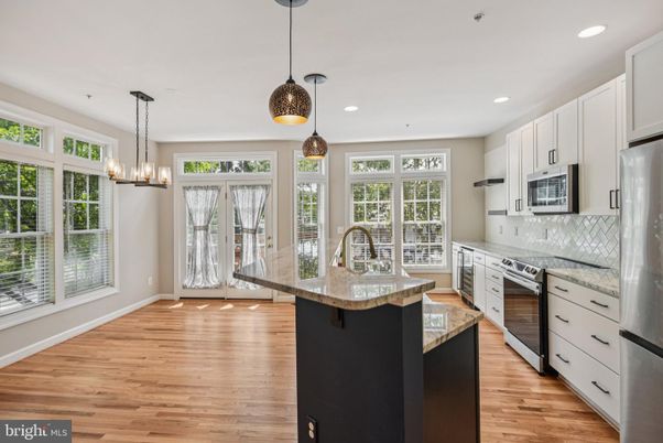 Chandelier, Interior, Kitchen, Pendant Lights, Recessed Lighting, Wood Texture Flooring