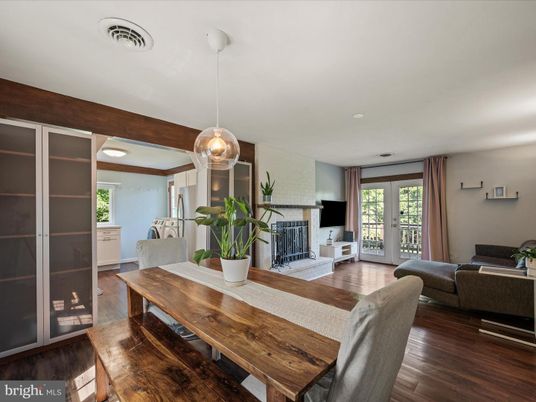 Dining room, Fireplace, Interior, Living room, Pendant Lights, Wood Texture Flooring