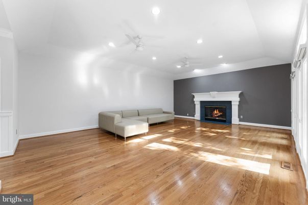Empty room, Fireplace, Interior, Living room, Recessed Lighting, Wood Texture Flooring