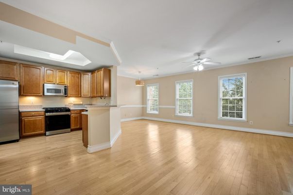 Empty room, Interior, Kitchen, Pendant Lights, Recessed Lighting, Wood Texture Flooring