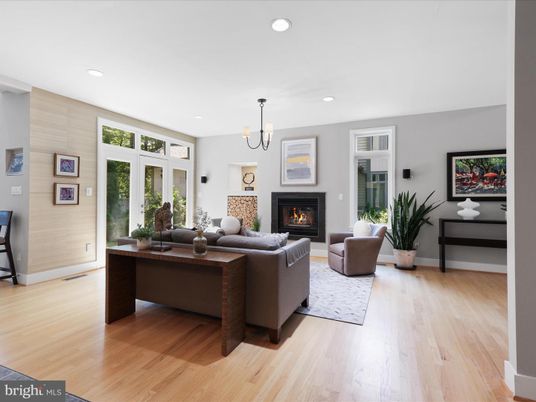 Chandelier, Fireplace, Interior, Living room, Recessed Lighting, Wood Texture Flooring