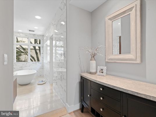 Bathroom, Free Standing Baths, Glass Shower, Interior, Marble Walls, Recessed Lighting