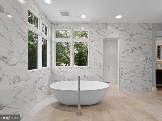 Bathroom, Free Standing Baths, Interior, Marble Walls, Recessed Lighting