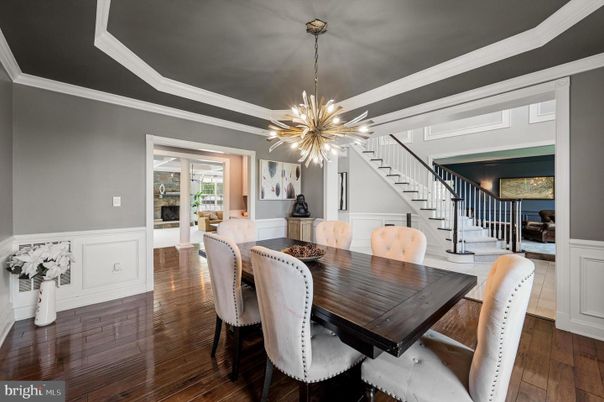 Dining room, Fireplace, Interior, Pendant Lights, Wood Texture Flooring