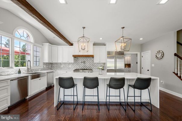 Interior, Kitchen, Pendant Lights, Recessed Lighting, Stainless Steel Appliances, Wooden Beams, Wood Texture Flooring