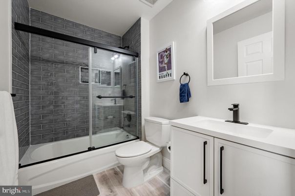 Bathroom, Glass Shower, Interior, Wood Texture Flooring