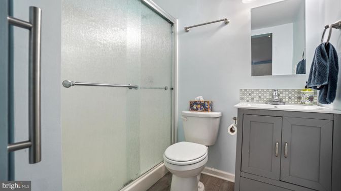 Bathroom, Glass Shower, Interior, Wood Texture Flooring