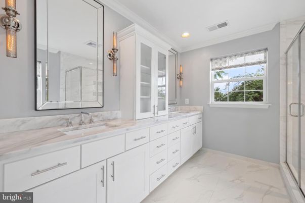 Bathroom, Dual Sink Vanities, Glass Shower, Interior, Marble, Recessed Lighting