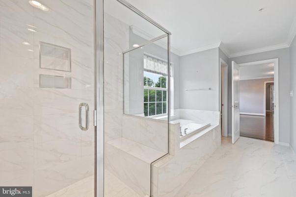 Bathroom, Glass Shower, Interior, Marble, Marble Walls, Recessed Lighting