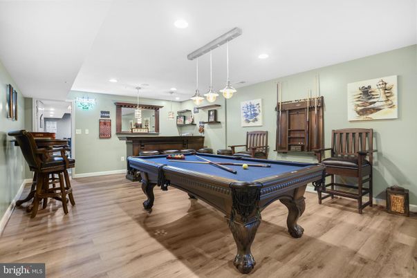 Billiard Table, Game Room, Interior, Pendant Lights, Recessed Lighting, Wood Texture Flooring
