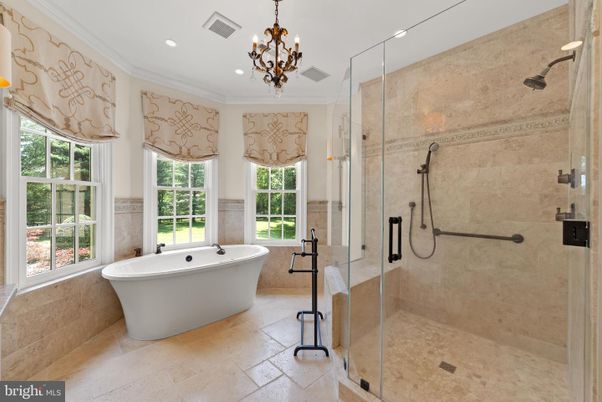 Bathroom, Chandelier, Free Standing Baths, Glass Shower, Interior, Recessed Lighting