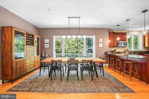 Dining room, Interior, Kitchen, Pendant Lights, Wood Texture Flooring