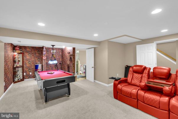 Billiard Table, Game Room, Interior, Pendant Lights, Recessed Lighting, Stone Walls