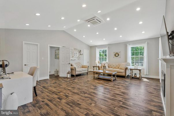 Fireplace, Interior, Living room, Recessed Lighting, Wood Texture Flooring