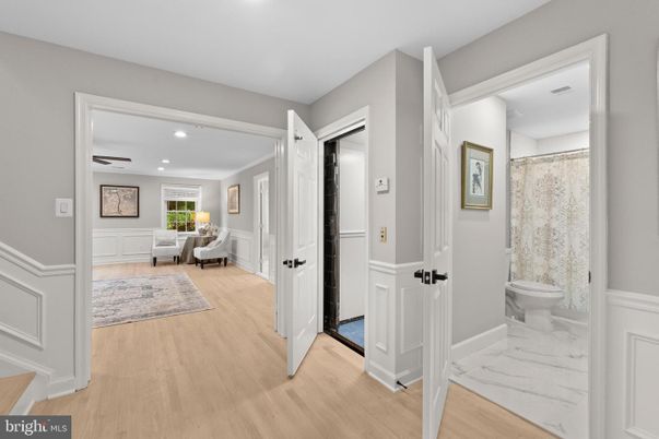 Bathroom, Interior, Marble, Recessed Lighting, Wood Texture Flooring