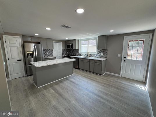 Interior, Kitchen, Recessed Lighting, Stainless Steel Appliances, Wood Texture Flooring