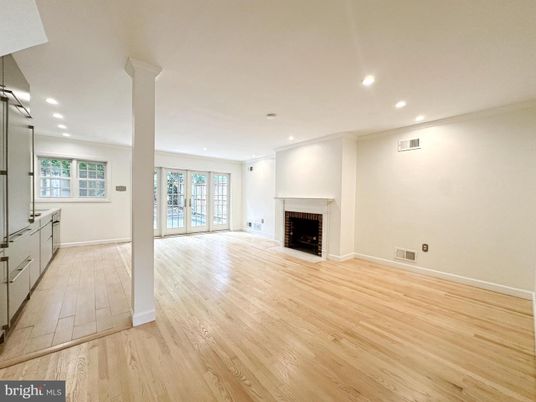 Empty room, Fireplace, Interior, Recessed Lighting, Wood Texture Flooring