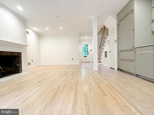 Empty room, Fireplace, Interior, Recessed Lighting, Wood Texture Flooring