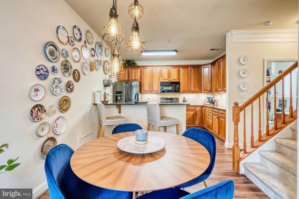 Dining room, Interior, Kitchen, Pendant Lights, Stainless Steel Appliances, Wood Texture Flooring