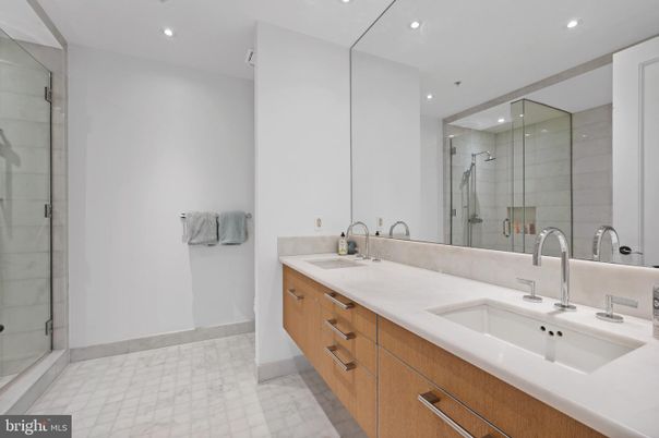 Bathroom, Dual Sink Vanities, Glass Shower, Interior, Marble, Recessed Lighting