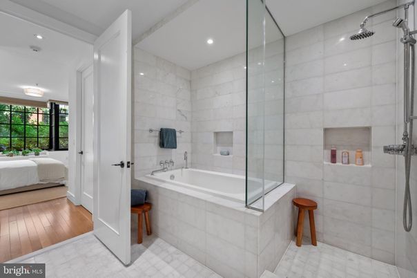 Bathroom, Bedroom, Glass Shower, Interior, Recessed Lighting, Wood Texture Flooring
