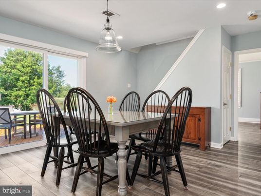 Dining room, Interior, Pendant Lights, Recessed Lighting, Wood Texture Flooring