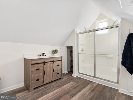 Bathroom, Glass Shower, Interior, Wood Texture Flooring