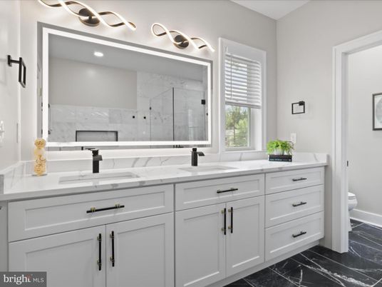 Bathroom, Dual Sink Vanities, Glass Shower, Interior, Marble, Marble Walls